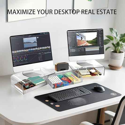 Clear Acrylic Desk Organizers and Accessories, Dual Computer Monitor Stand Riser with Drawer, Desk Shelf for Monitor, Workspace Desktop Organization for Office Supplies-NeatNest