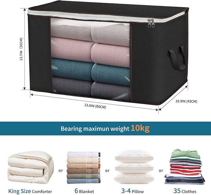 Budding Joy 90 L Large Storage Bags, 10 Pack Clothes Storage Bins Foldable Closet Organizers Storage Containers with Reinforced Handle for Clothing, Blanket, Comforters, Bed Sheets, Pillows (Black)-NeatNest