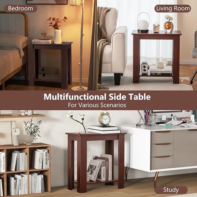GOFLAME 24” Side Table, 2-Tier Rectangular End Table with Storage Shelf, Multipurpose Night Stand for Bedroom, Living Room, Brown