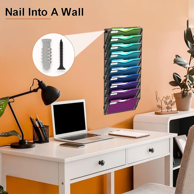10 Pocket Mesh Hanging Wall File Organizer, Wall Mounted Mail Paper Document Folder Holder, Foldable File Folder Organizer with Label Panel | 2 Hooks | Office Home School Organizer, Black