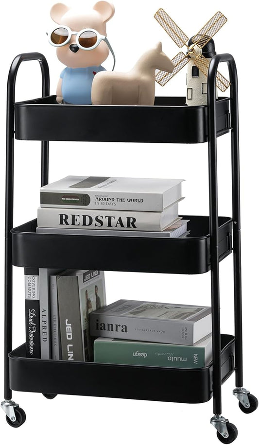 SETTFRFE 3 Tier Rolling Cart Metal,File and Art Cart with Wheels,Storage Shelf Organizer Cart for Bathroom,Office,Kitchen,Black-NeatNest