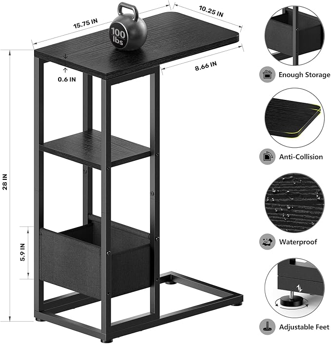 C Shaped End Table, Small Side Table for Couch, Recliner, Slide Under Sofa Tray Desk Snack Tables with Storage Bag for Living Room,Bedroom, Small Spaces - Black