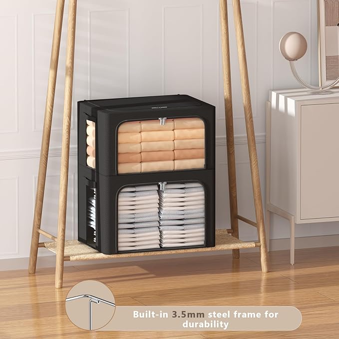 3Pack Frame Storage Box - Clothes Storage Bin Bags Oxford Fabric Foldable Stackable Container Organizer Set with Clear Window & Carry Handles (Black, Large-66L)-NeatNest