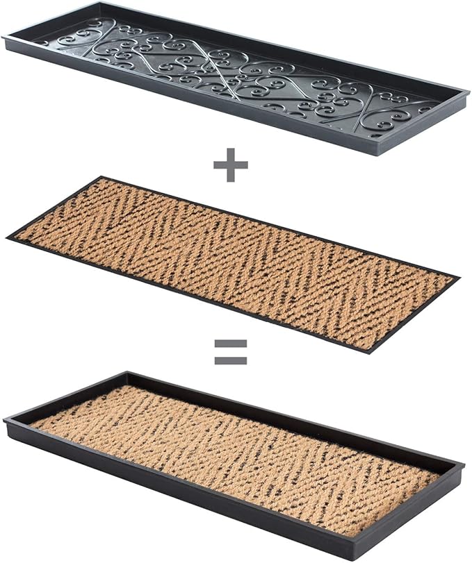 Anji Mountain AMB0BT2F-003 Black Rubber Boot/Shoe Tray with Coir, Fits 2 Pair (24.5" Wide), Tan & Black Insert