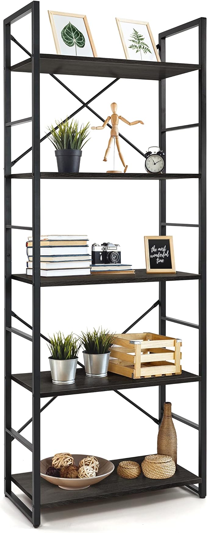 CAPHAUS 5 Tier Bookshelf, 24 Inch Width Free Standing Shelf, Bookcase Shelf Storage Organizer, Industrial Book Shelves for Home Office, Living Room, Kitchen, Black Vintage Shelves & Metal Frame-NeatNest