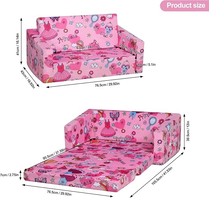 Foam Kid Sofa Couch, 2 in 1 Convertible Sofa to Bed for Baby,Velvet Toddler Sofa Chair with Side Pocket for Kid Playing (W29.92) (Pink)-NeatNest