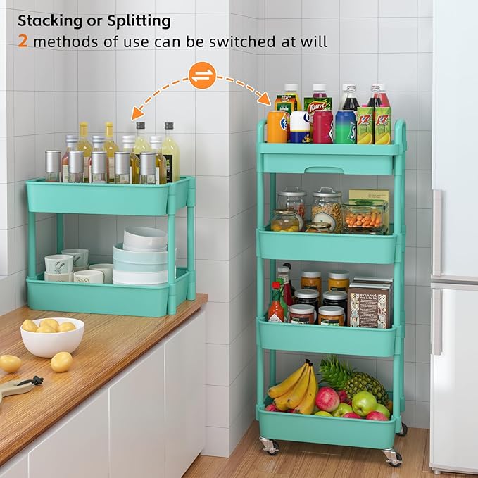 Calmootey 4-Tier Rolling Utility Cart with Drawer,Multifunctional Storage Organizer with Plastic Shelf & Metal Wheel,Storage Cart for Kitchen,Bathroom,Living Room,Office,Green-NeatNest