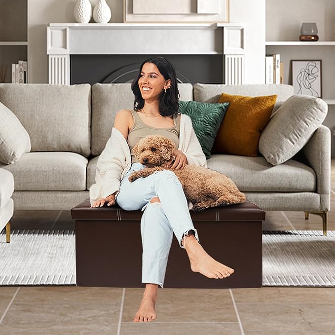 30 Inches Folding Storage Ottoman Bench, Faux Leather Footrest Ottoman, Storage Trunk Footrest for Bedroom, Living Room and Hallway, Support 350lbs, Brown White line