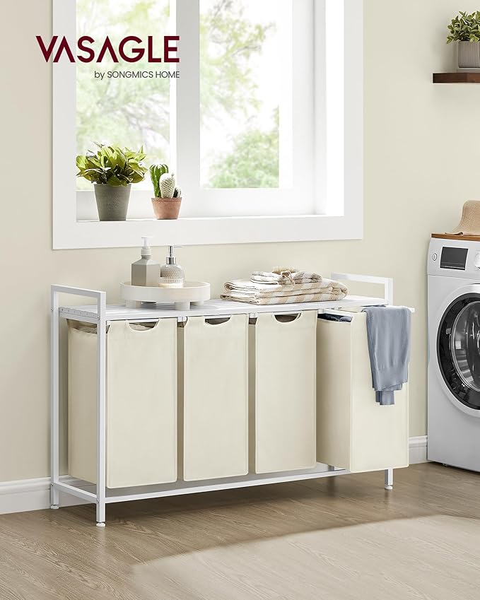 VASAGLE Laundry Hamper, Laundry Basket, Laundry Sorter with 4 Pull-Out and Removable Bags, Shelf, Metal Frame, 4 x 10.6 Gallons (40 L), 45.7 x 13 x 28.4 Inches, Cream White and Cloud White UBLH401W01-NeatNest