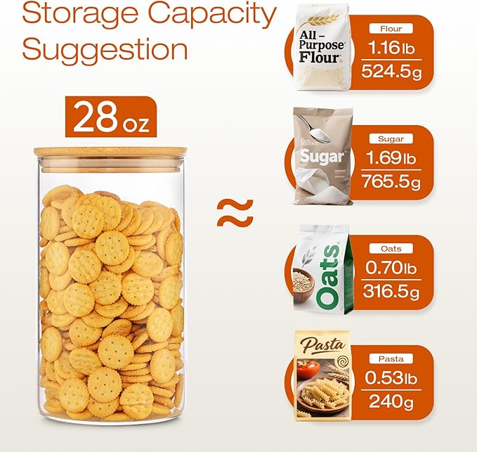 Glass Jars with Bamboo Lids 28 floz [Set of 8], Glass Canisters with Airtight Lids, Glass Food Storage Containers for Pasta, Oats, Coffee, Flour, Sugar, Rice, Best for Kitchen & Pantry-NeatNest