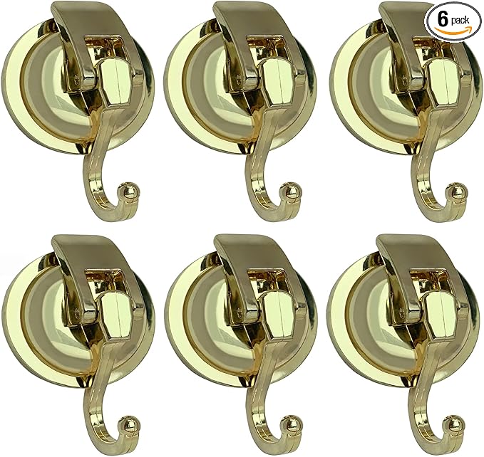 Heavy Duty Vacuum Suction Shower Hooks Glass Suction Cup Bathroom Robe Hooks, Reusable, No Hole Punched, for Garland Decoration (Gold, 6 Pack)