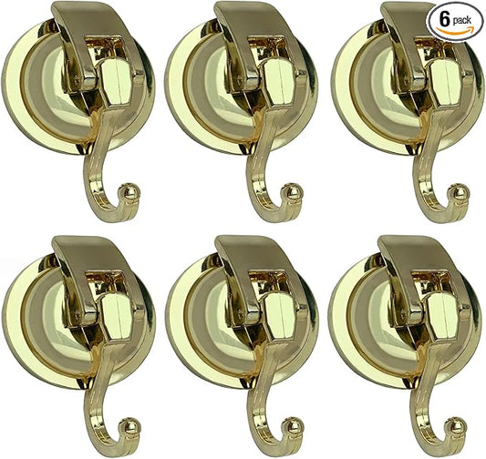 Heavy Duty Vacuum Suction Shower Hooks Glass Suction Cup Bathroom Robe Hooks, Reusable, No Hole Punched, for Garland Decoration (Gold, 6 Pack)