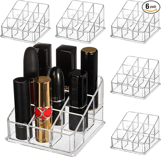 Foraineam 6 Pack Lipstick Holder Organizer, 9 Spaces Clear Lip Stick Storage Stand Container, Small Cosmetic Beauty Makeup Display Cases for Lipsticks, Lipgloss, Brushes, Bottles-NeatNest