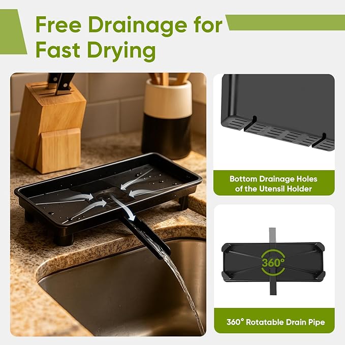 VUSIGN Dish Drying Rack with Drainboard, Dish Rack, Dish Drainers for Kitchen Counter Extendable Spout Strainers with Removable Utensil Holder, Adjustable Pot Rack, Black