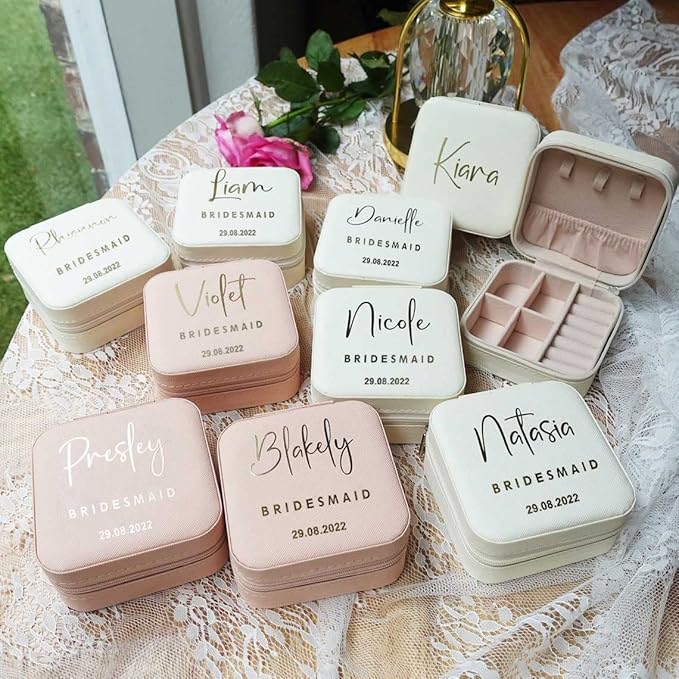 DayOfShe Bridesmaid Proposal Gifts Personalized Bridesmaid Jewelry Box Leather Small Travel Jewelry Organizer Ring Case for Wedding Maid of Honor Gifts-NeatNest