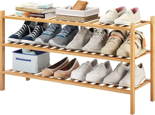 Long Shoe Rack, 3-Tier Bamboo Stackable Shoe Shelf Storage Organizer, Shoe Stand for Closet, Entryway and Hallway-NeatNest