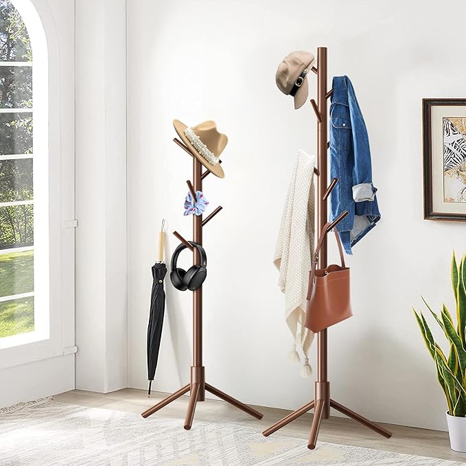 2 Pack Coat Rack, Solid Wood Coat Rack Freestanding with 8 Hooks & 3 Adjustable Heights, Simple Assembly Coat Tree for Hats, Bags, Wooden Coat Hanger Stand for Bedroom, Entryway, Office-NeatNest