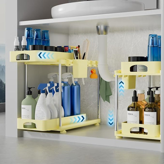 2 Pack Under Sink Organizers and Storage, Height Adjustable Bathroom Cabinet Organizer, 2 Tier Under Sink Organizer with Hooks, Under Cabinet Organizer for Kitchen Bathroom (Yellow-NeatNest