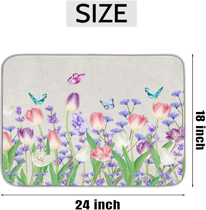 Dish Drying Mat for Kitchen Counter - Absorbent Microfiber Drying Rack Pads Reversible Dish Pad Draining Mats for Countertop Coffee Mats,18x24 inch(Tulip Flower Field)