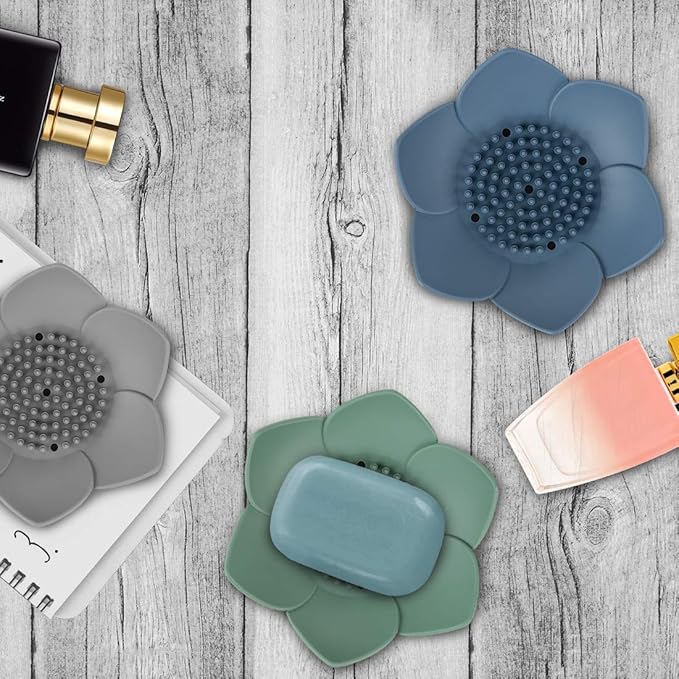 H&R 3 Pack Silicone Soap Holder, Bathroom Soap Tray with Drain, Lotus Shaped - Blue, Green, Grey-NeatNest