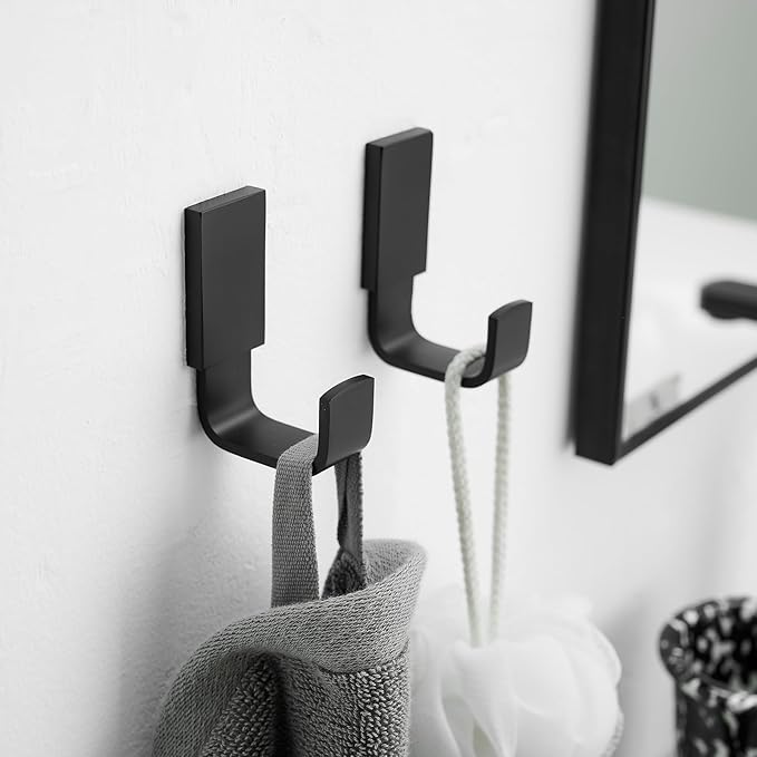 BESy Brass Clothes Hook Single Towel Hook for Bathroom Kitchen Garage Square Style Robe Hooks Coat and Hat Hook, Self Adhesive with Glue or Wall Mounted with Screws, Two Packs, Matte Black-NeatNest