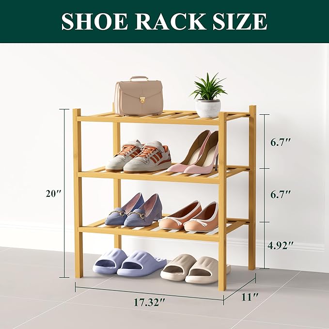Smiry Bamboo Shoe Rack for Closet, 3 Tier Small Wooden Stackable Shoe Organizer, Free Standing Shoes Storage Shelf for Entryway, Front Door Entrance, Natural-NeatNest