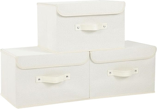 Fabric Storage Bins Cube Organizers with Flip-Top Lid and Handles,Storage Boxes for Organizing Home,Office,and Closet,Beige,3 Pack 13 X 9.1 X 7.9 in-NeatNest