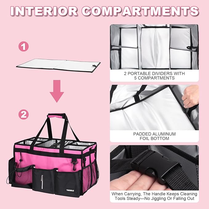 Extra-Large Cleaning Caddy With Detachable Divider,Cleaning Caddy For Cleaning Supplies,19.69" X 11.42" X 11.42" Large Cleaning Supply Caddy With Adjustable Shoulder Strap & Waist Belt For Cleaners