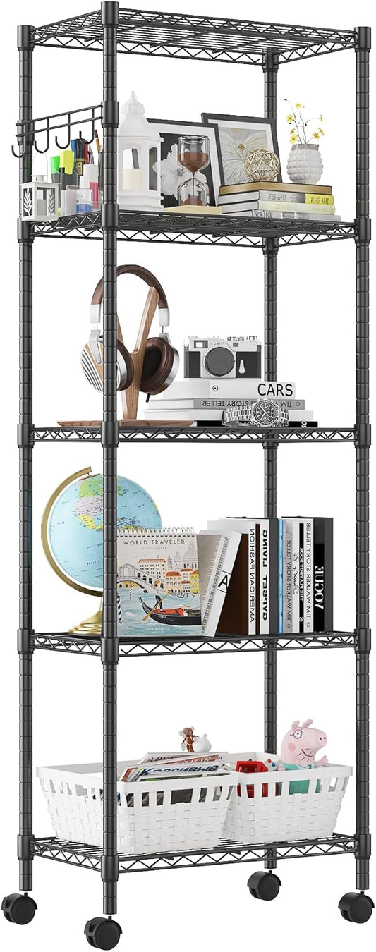 Homdox 5 Tier Wire Shelving Unit on Wheels, Adjustable Storage Racks and Shelving, Heavy Duty Rolling Metal Shelves with Side Hooks for Laundry Bathroom Kitchen Garage Pantry Organization, Black-NeatNest