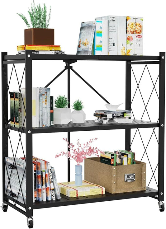 3-Tier Foldable Storage Shelf with Wheels – Heavy Duty Metal Collapsible Rolling Cart for Kitchen, Pantry, Closet, Office & Bathroom Organization, No-Assembly Storage Rack – Black Metal Shelf