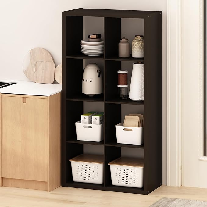 Furinno Hermite 8-Cube Open Shelves Kitchen Storage, Kitchen Island, Bakers Rack, Buffet Sideboard, Black Dark Oak-NeatNest