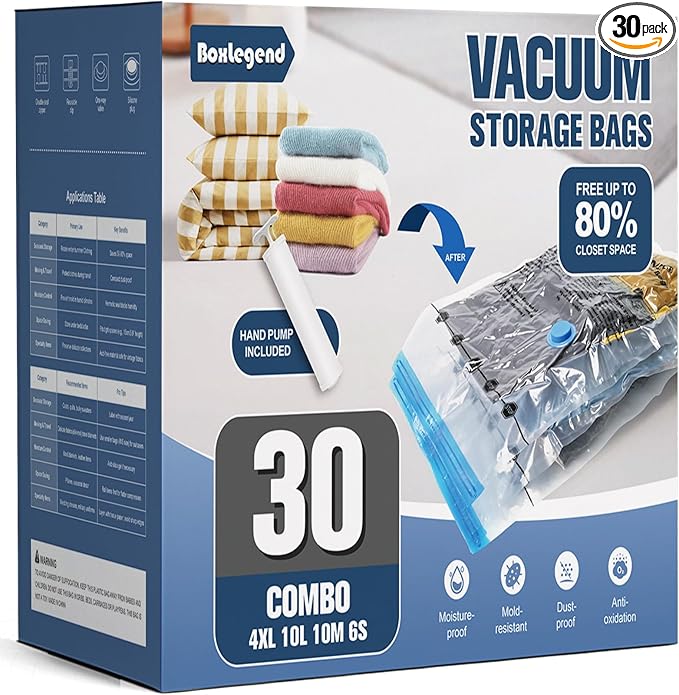 BoxLegend Vacuum Storage Bags with Large Hand Pump 30 Combo (4 Jumbo, 10 Large, 10 Medium, 6 Small) Thickened Vacuum Seal Bags for Clothing Space Saving for Clothes Pillow Comforters Bedding-NeatNest