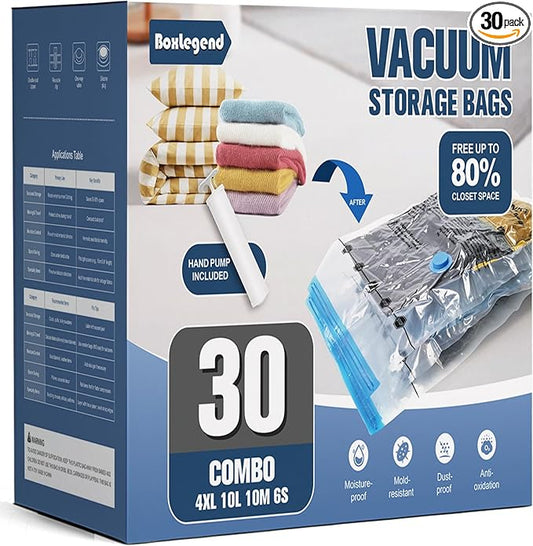 BoxLegend Vacuum Storage Bags with Large Hand Pump 30 Combo (4 Jumbo, 10 Large, 10 Medium, 6 Small) Thickened Vacuum Seal Bags for Clothing Space Saving for Clothes Pillow Comforters Bedding-NeatNest
