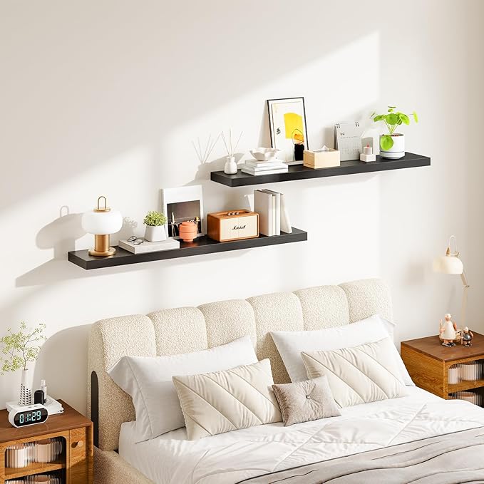 HOOBRO Floating Shelves for Wall, Wall Mounted Shelf Set of 2, 47.2" Hanging Shelf with Invisible Brackets, for Wall in Bathroom, Bedroom, Toilet, Kitchen, Living Room, Office, Black BK120BJP201-NeatNest