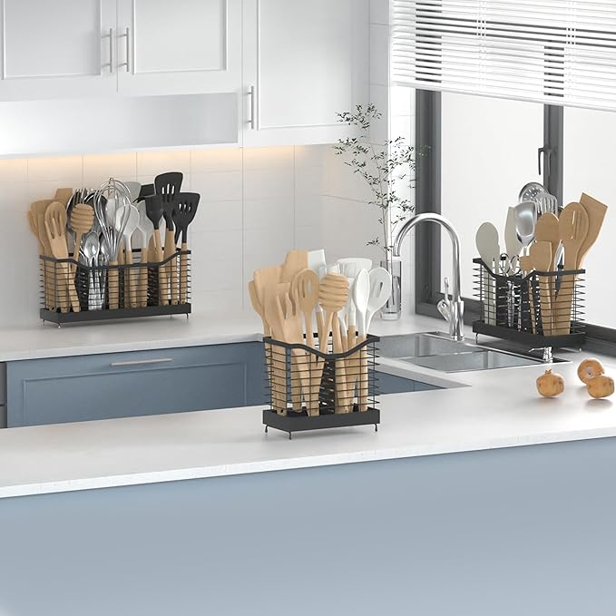 2 Grids Utensil Holder for Kitchen Counter - 7.9" x 4.3" x 7.5", Kitchen Utensil Racks, Spoon Holder, Kitchen Utensil Organizer for countertop, Black-NeatNest