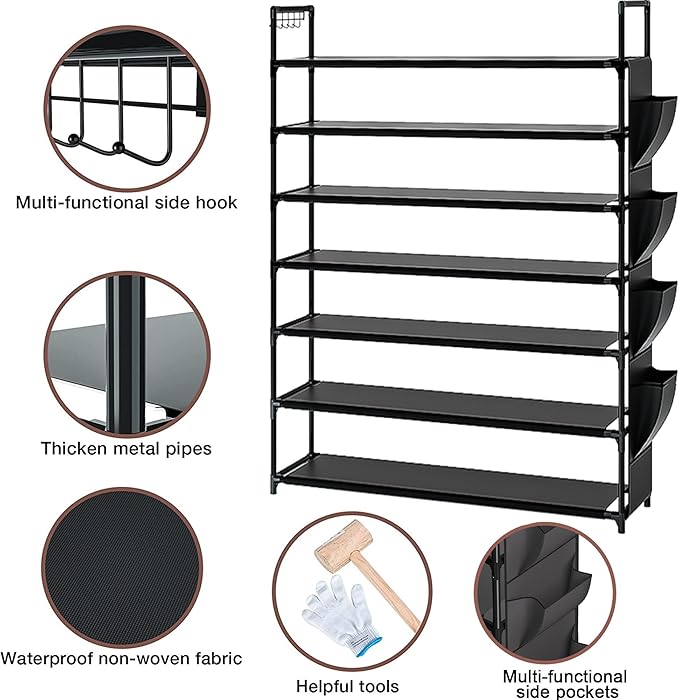 Large Capacity 7 Tier Shoe Rack, Black, 33.3in Wide x 11.2in Deep x 48.7in Tall, Holds 28-35 Pairs of Shoes, Ultra-Minimalist Style, Waterproof and Durable-NeatNest