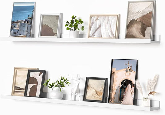 Heimlove Picture Ledge Shelf, Floating Shelves Set of 2, 48 Inches Picture Shelf for Wall with Ledge, Kids Bookshelf Wall Mounted for Living Room Bedroom Decor Books Photo Frames, White-NeatNest