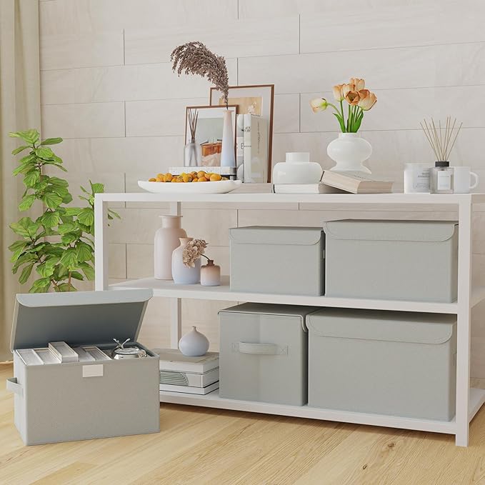 Foldable Storage Bin, Cube Organizer Basket with Flip-Top Lid and 2 Handles, Decorative Boxes for Shelves with Cover for Clothes, Towels, Blanket, 2 Pack, Grey, 13 x 9 x 7.9 In, XSNY12GM-2-NeatNest