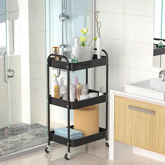 3-Tier Rolling Metal Storage Cart with Wheels, Multi-Functional Organizer for Office, Kitchen, Bathroom, Books Diapers - Easy Assembly (Black)-NeatNest