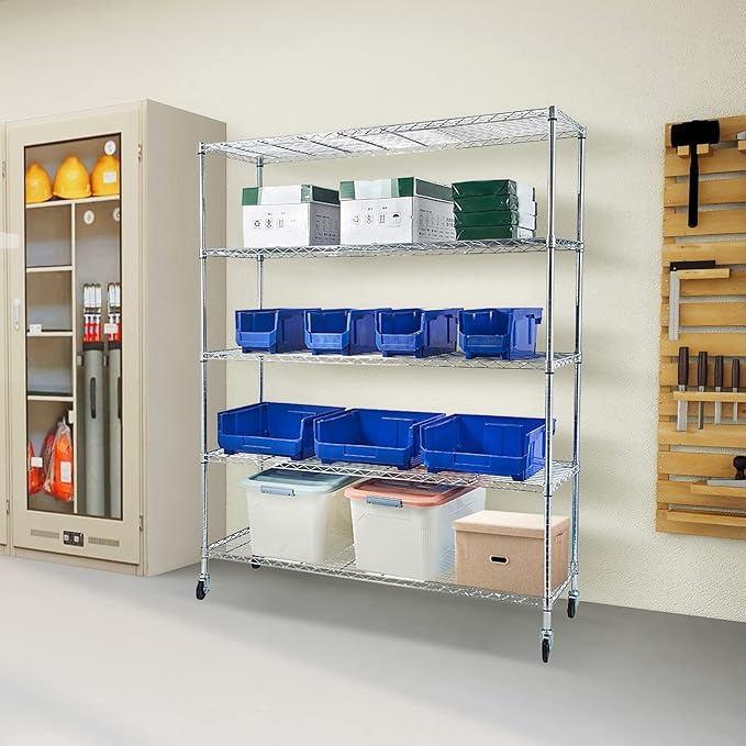 BNSPLY Commercial Wire Shelving Unit with Wheels, 5 Tier Adjustable Wire Shelves with NSF Certified, Heavy Duty Metal Storage Rack Shelf Unit for Kitchen, Garage (17.7" D x 59" W x 71" H, Chrome)-NeatNest
