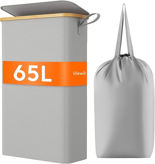 Lifewit 65L Slim Laundry Hamper with Lid, Narrow Laundry Basket with Removable Bag & Bamboo Handles, Fodable Thin Dirty Clothes Hamper for Laundry Collapsible Bin for Bathroom Bedroom Dorm,Silver Grey-NeatNest