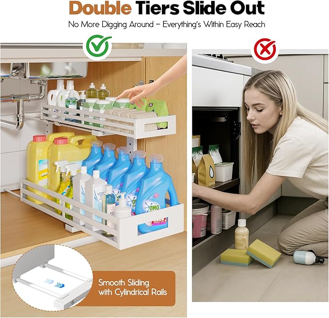 2-Pack 20.47"Deep Under Sink Organizer And Storage,2-Tier L-Shaped Pull Out Cabinet Organizer with Upgraded Slide Rails,Height Adjustable Drawers for Kitchen&Bathroom,Extra-Large Storage Shelves–White-NeatNest