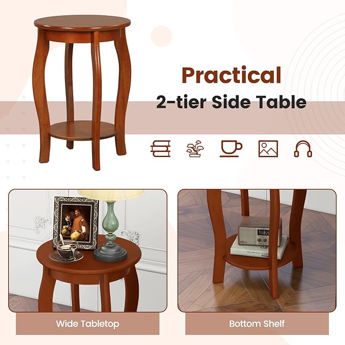 Giantex Round End Table, Wooden Side Table with Storage Shelf, Small Nightstand with Solid Wood Legs, 2-Tier Accent Table for Living Room Bedroom (2, Walnut)