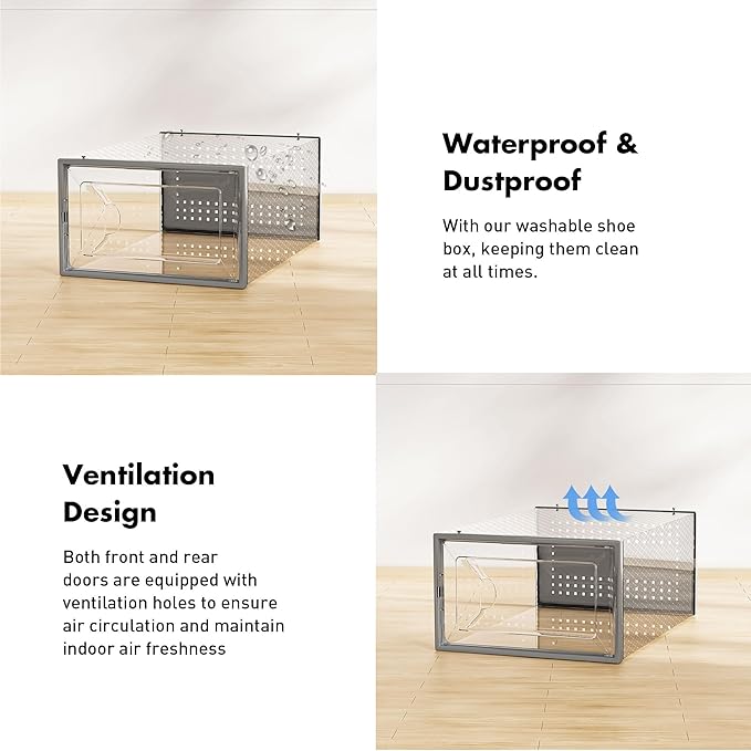 Shoe Storage Box, 15 Pack Clear Plastic Stackable Shoe Organizer for Closet, Interlocking Design Shoe Container Bins for Sneakers, Foldable Shoe Rack with Lids, Gray-NeatNest