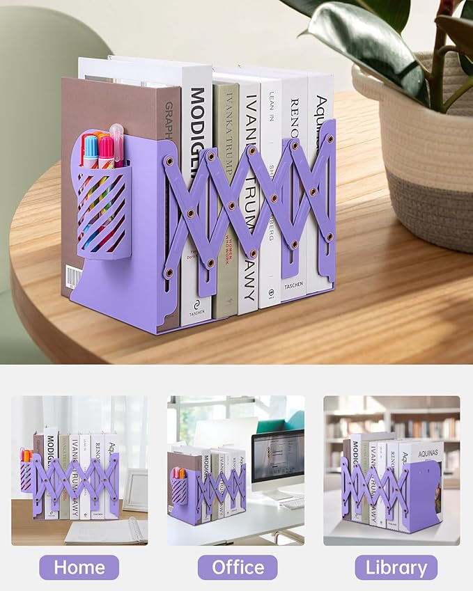 Honagu Adjustable Bookends, Metal Book Ends for Shelves Heavy Book, Desk Magazine File Organizer for Home, Office, Books, Papers, Extends up to 19 inches with Pen Holder (Purple)