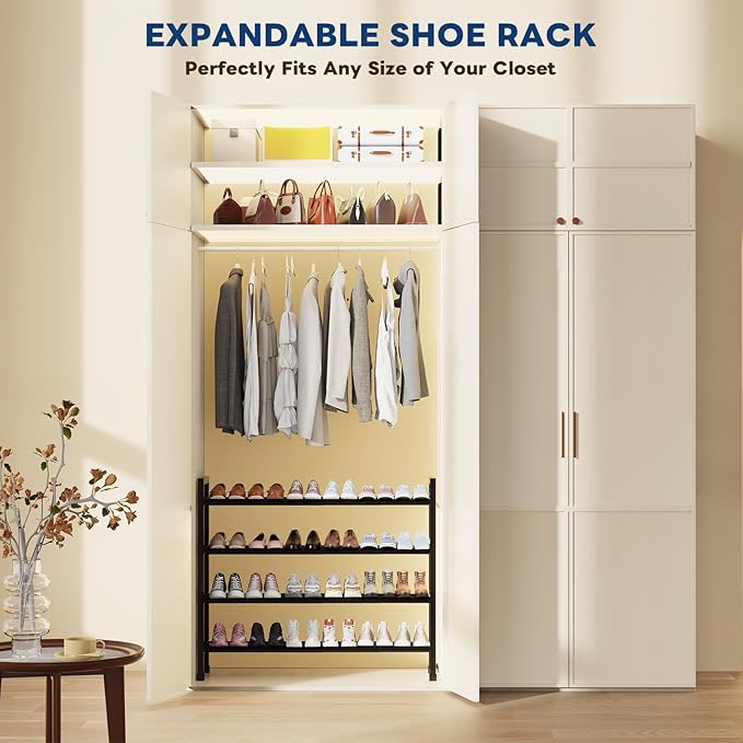 Mavivegue Expandable Shoe Rack, 4-Tier 19"-43.3" Adjustable Shoe Rack for Closet,Hall Entryway,Front Door,Garage, Sturdy Steel Space-Saving Rack, Black-NeatNest