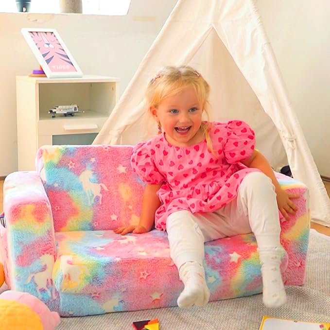 ALIMORDEN Fold Out Toddler Couch, Extra Wide Comfy 2-in-1 Cuddly Sherpa Sofa for Kids, with Removable Baby Friendly Blanket, Convertible Sofa to Bed, Unicorn-NeatNest