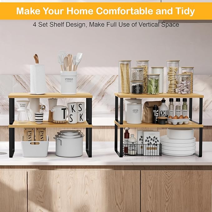 Cabinet Shelf Organizers, 15.7 inches Large Kitchen Counter Shelf, Set of 4 Wood Kitchen Pantry Organizer, Storage Shelves for Countertop, Spice Rack, Stackable, Expandable, Metal Black, Nature-NeatNest
