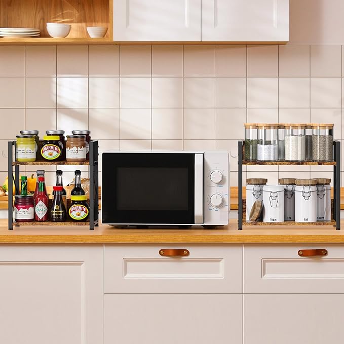 Coffee-Bar-Station-Organizer Shelf for Countertop, 2 Tiers Kitchen Counter Shelf Riser, Wooden Spice Rack Organizer, Coffee Bar Accessories(Rustic Brown, Large)-NeatNest