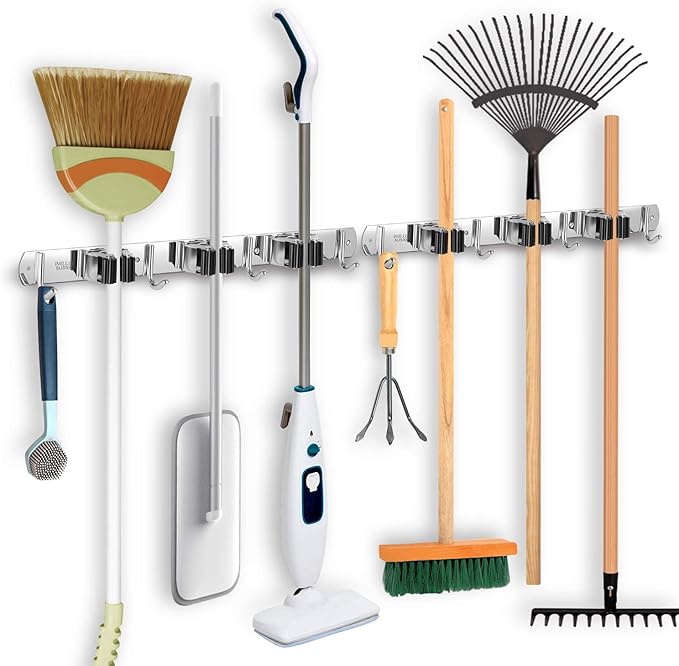 IMILLET 2 Pack Broom and Mop Holder Wall Mounted, Stainless Steel Broom Holder Mop Holder Self Adhesive Heavy Duty Hooks Storage Organizer for Home Laundry Room Garden Garage Closet Kitchen-NeatNest
